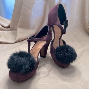 Chie Mihara Burgundy Suede Pompom Platform Heels Sz 7 (37.5)